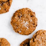 Close-up vegan chocolate chip cookie with salt.