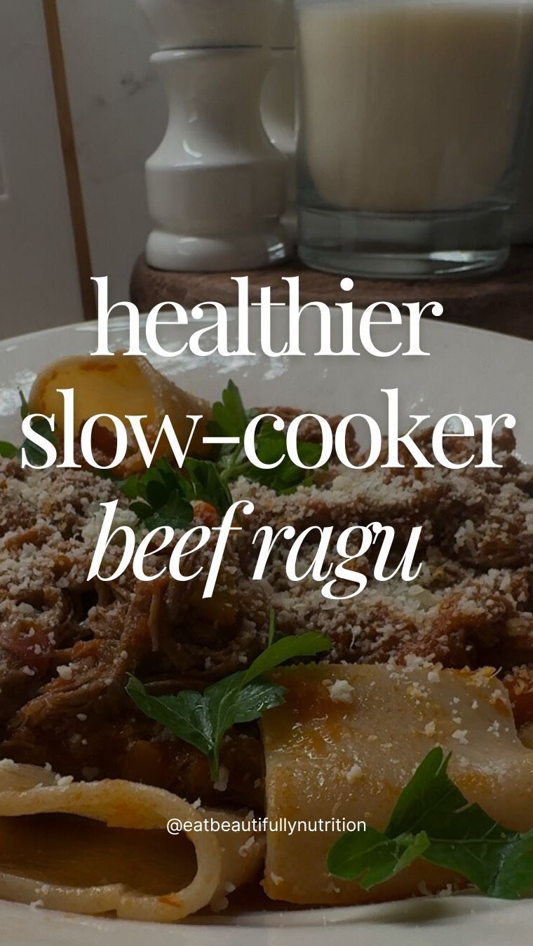 RECIPE BELOW! 

Comforting, iron-rich slow cooker beef ragu…but make it healthier!

Follow @eatbeautifullynutrition real food nutrition and holistic wellness for women 40+  that makes healthy eating and living feel beautiful.

Slow-cooker Beef Ragu:

1 tsp olive oil
1 cup diced carrots
1 cup white onion, diced
2 large celery stalks diced
8 garlic cloves
1 28 oz can crushed tomatoes
¼ cup reduced beef bone broth (or regular broth)
1 ½ pounds flank steak, cut against grain into 4 pieces
3 bay leaves
 
In a non-stick skillet, heat oil over medium high heat and add carrots, celery and onion. Cook, stirring occasionally until mixture softens, about 5 minutes. Add garlic and cook 2 more minutes (if your slow cooker has a saute function, cook in pot and make it a true one-pot meal). 
 
Transfer mixture to slow cooker. Season the beef with 1 teaspoon salt and pepper to taste. Transfer to slow cooker. Pour the tomatoes and broth over the beef and add the bay leaves. 

Cover and cook on high for 6 hours or on low for 8 to 10 hours. Discard the herbs and shred the beef in the pot using 2 forks. Serve over whole grain pasta

#womenshealth #nutritionist #inflammation #perimenopause #guthealth