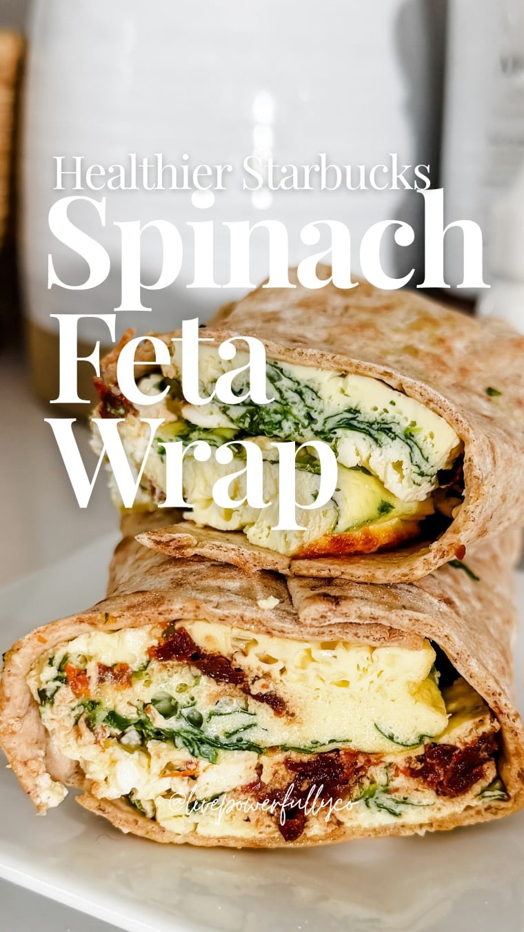 Saving you time and $$ with this healthier Starbucks spinach feta wrap. 

Save to make for the week ahead and follow @livepowerfullyco for more recipes and nutrition for the busy midlife working woman who is looking to get stronger, have more energy and gain her confidence back. 

Starbucks Copycat Healthier Spinach Feta Wrap 

4 large eggs
2 cups egg whites (I used a carton of packaged egg whites)
1 cup 0% or 2% Greek yogurt, plain, unsweetened 
4 oz feta cheese
1/2 cup sun-dried tomatoes, chopped (if in oil, drain and pat dry)
1 package (4 cups) baby spinach, chopped
Whole wheat lavash flatbread 
1/2 tsp salt 

Pre-heat oven to 375. In a large bowl, beat eggs, egg whites, Greek yogurt. 

In a rectangular baking dish, line with parchment paper (trick - spray with olive oil lightly and it will stay put). Fill dish with egg/yogurt mixture. Top with sun-dried tomatoes, baby spinach, feta cheese. Bake for 30 minutes.

Cool for a few minutes after removing from the oven. Cut egg mixture into 4 pieces. Wrap each egg serving in lavash and then wrap in parchment paper. Can store up to 4 days. 

To reheat: 
Air fryer at 350 for 10 minutes (do not need to add oil)
Preheated oven at 350 for 10 minutes.
Could also microwave but lavash will be soggy. 

Estimated calorie count (will vary depending on brand of lavash: 350 calories, 10g fat, 30g carbs, 34g protein). 

#workingmom #workingmomlife #healthybreakfast #proteinbreakfast