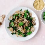 Pasta with roasted mushrooms, truffle oil, baby spinach and parsley.