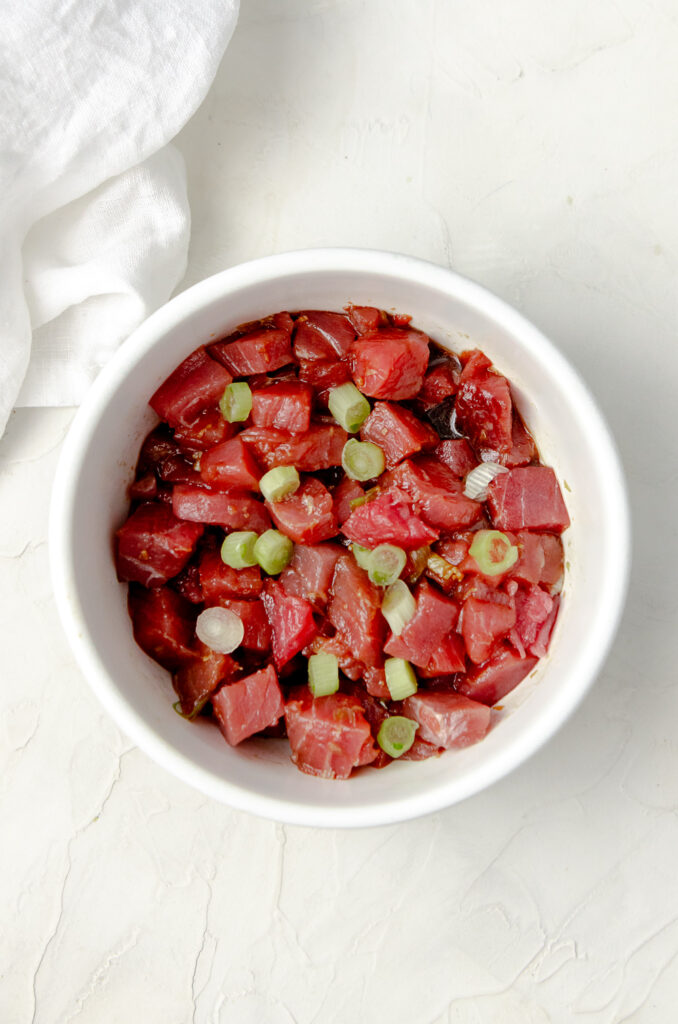 Close up of marinated tuna for poke bowl. 